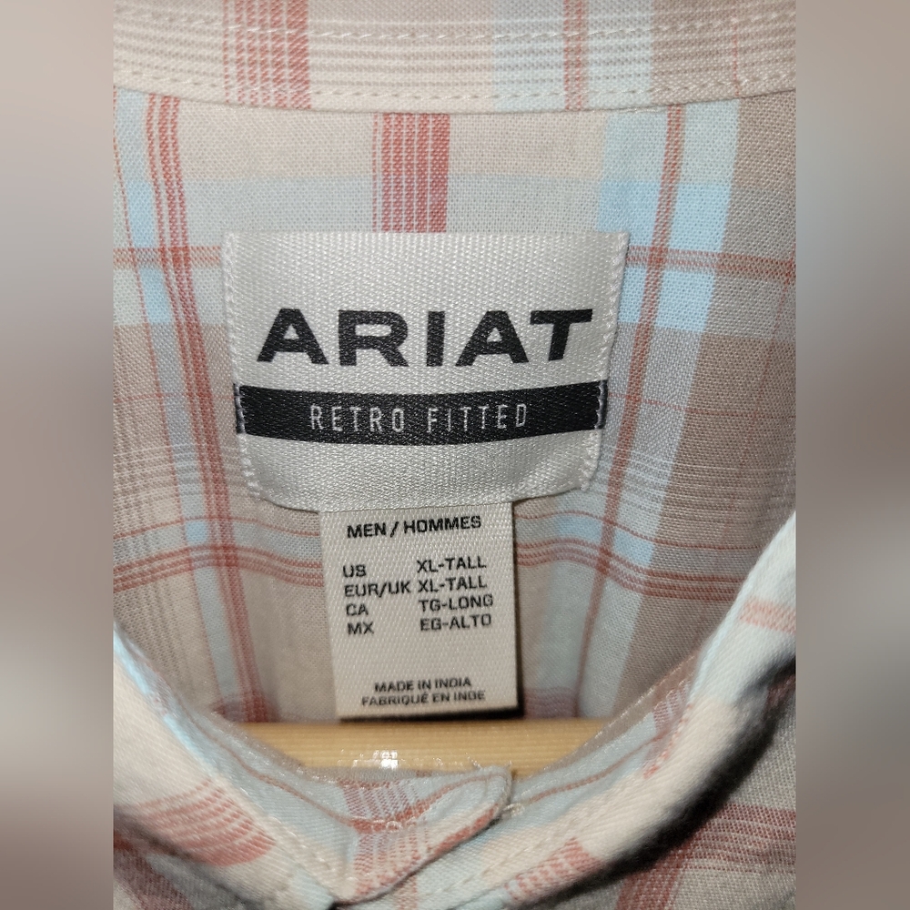 ARIAT HORTON RETRO SS SHIRT MENS XLT TALL Pearl Snaps Red Beige Plaid Western - Picture 5 of 10